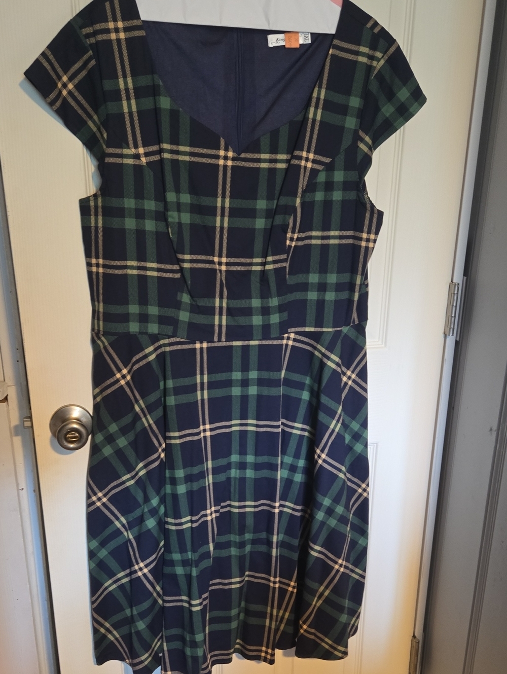 Classic Navy and Green Plaid A-Line Dress